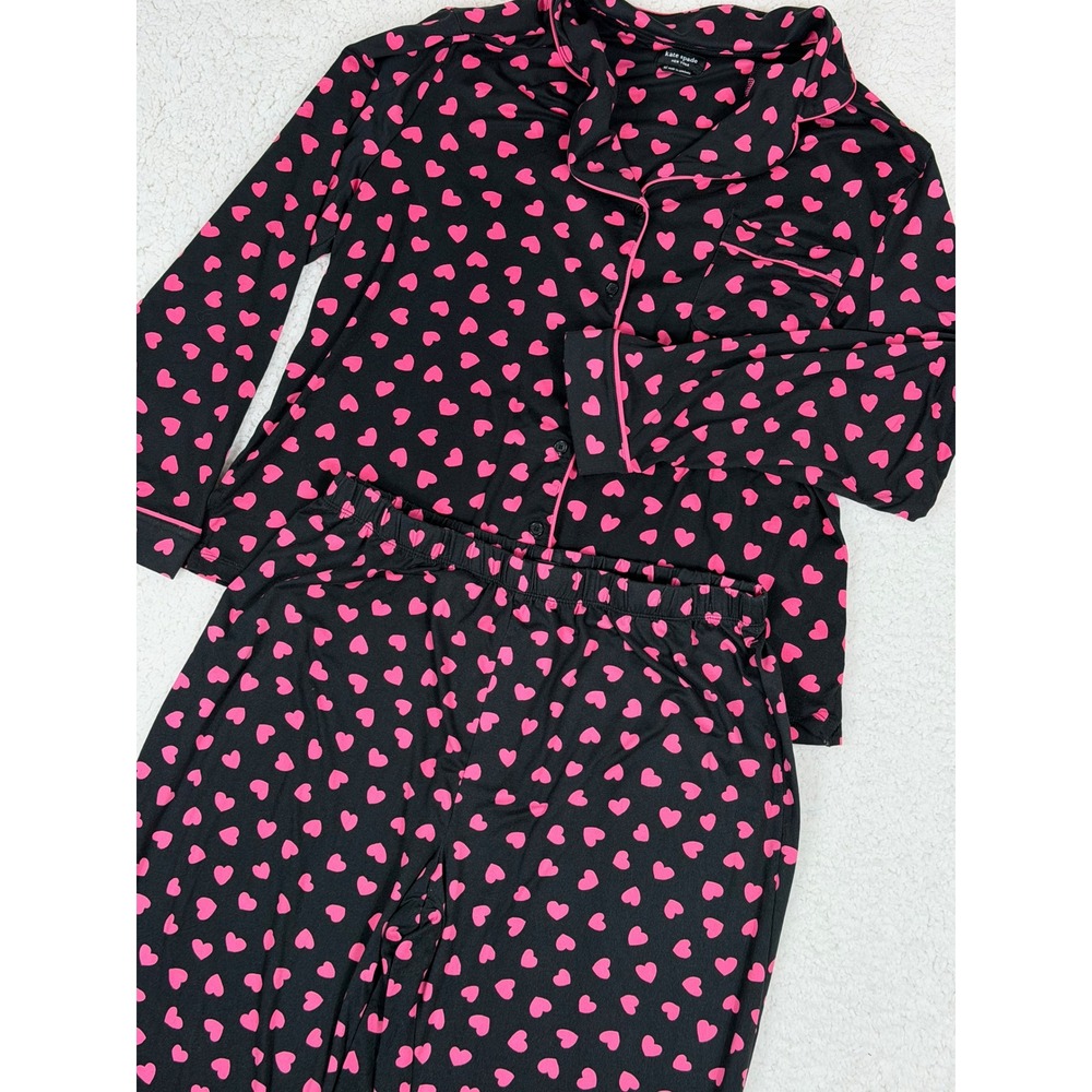 Kate Spade Pajama Set Womens XL Black Pink Heart Print Long Sleeve Button Down